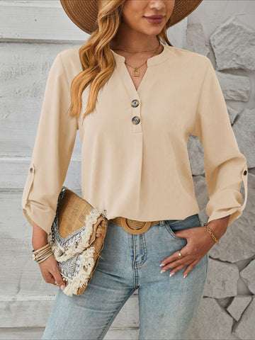 V-Neck Solid Color Comfortable Breathable Casual Long Sleeve Top