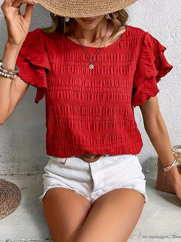 Textured Butterfly Sleeve Blouse, Elegant Solid Color Crew Neck Top