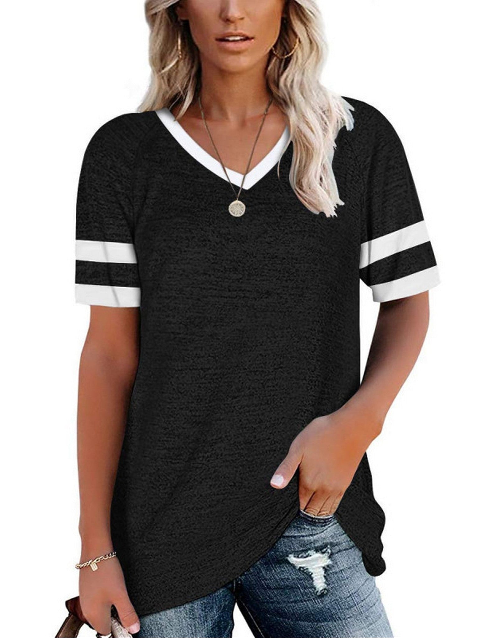 Women's T-shirt Casual V Neck Short Sleeve Loose Fashion Summer T-shirt