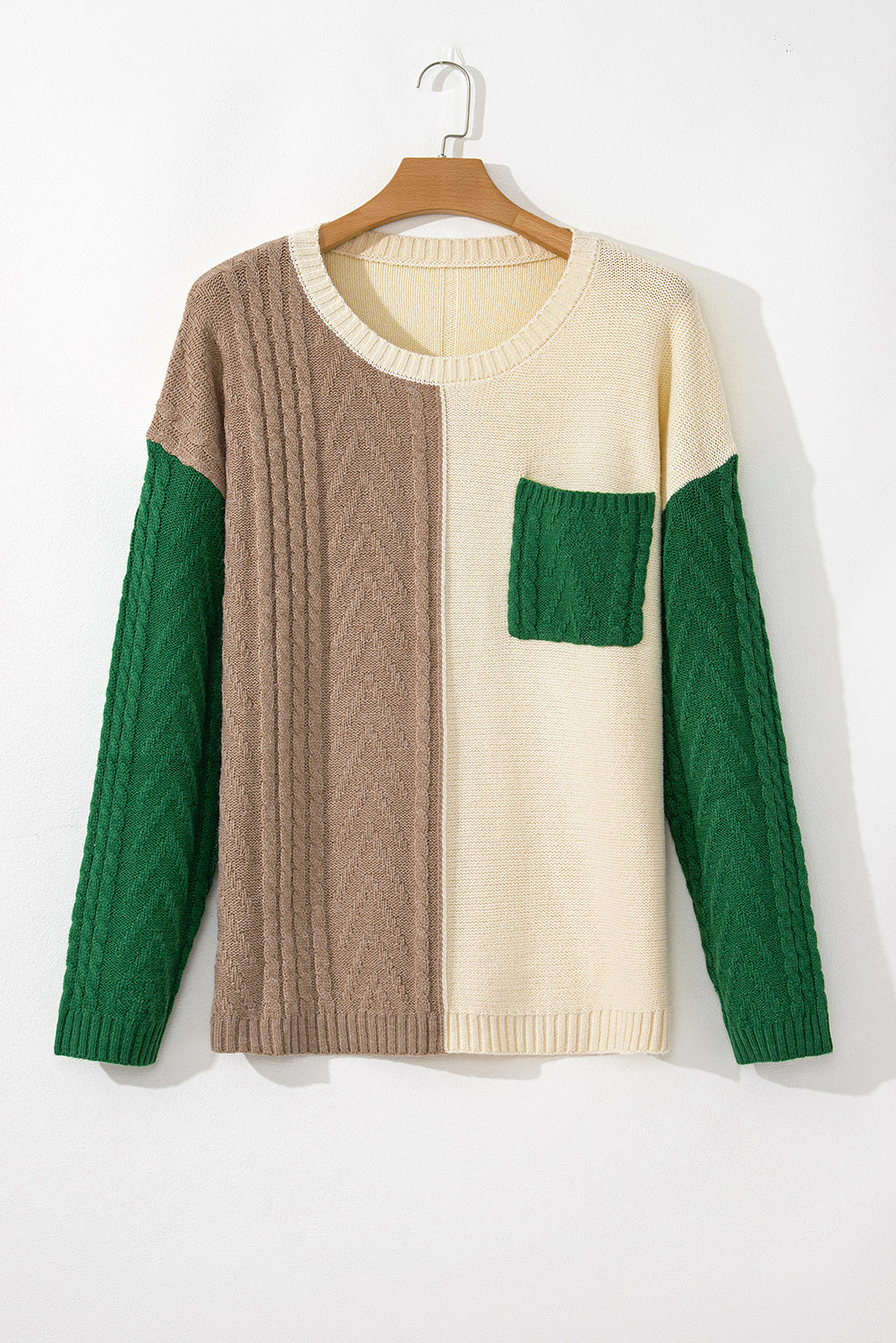 Mist Green Plus Size Cable Knit Color Block Drop Shoulder Sweater