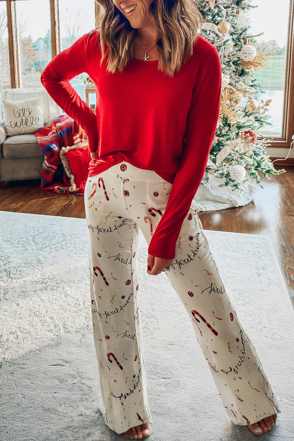 Red Solid Top and Christmas Pants Two Piece Lounge Set