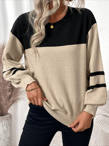 Patchwork Striped Long Sleeve Round Neck Sweater