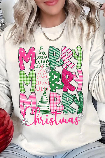 Beige MERRY Christmas Printed Drop Shoulder Pullover Sweatshirt