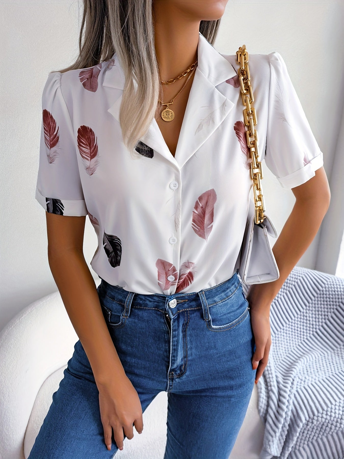 Feather Print Button Front Shirt, Casual Lapel Short Sleeve Shirt