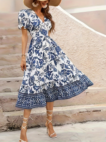 Floral Print V Neck Dress, Elegant Short Sleeve Dress