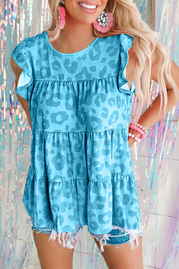 Sky Blue Leopard Print Flutter Sleeve Tiered Tank Top