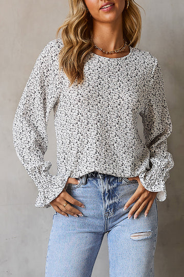 Black Floral Printed Crinkled Ruffled Bubble Sleeve Blouse