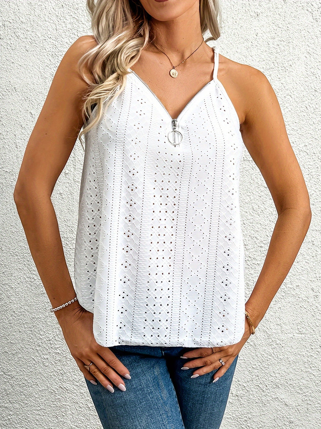 Eyelet Zip Front Cami Top, Casual Summer Sleeveless Top