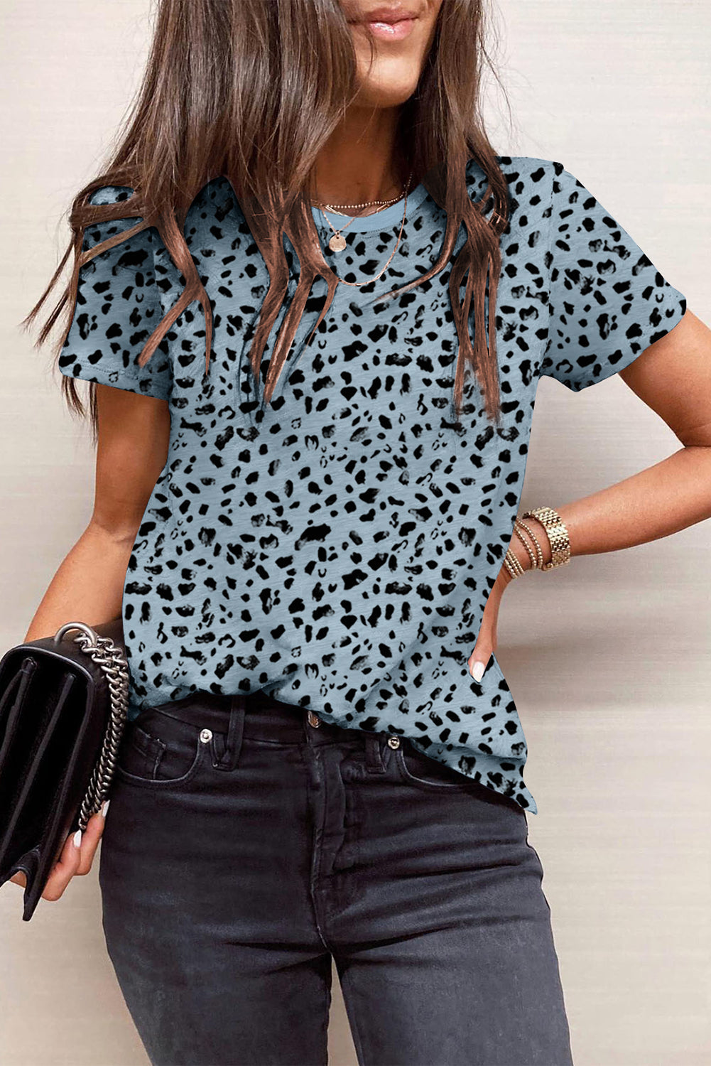 Gray Cheetah Print O-neck Short Sleeve T Shirt