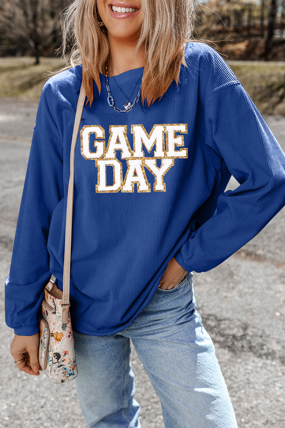 Dark Blue GAME DAY Glitter Detail Ribbed Drop Shoulder Sweatshirt