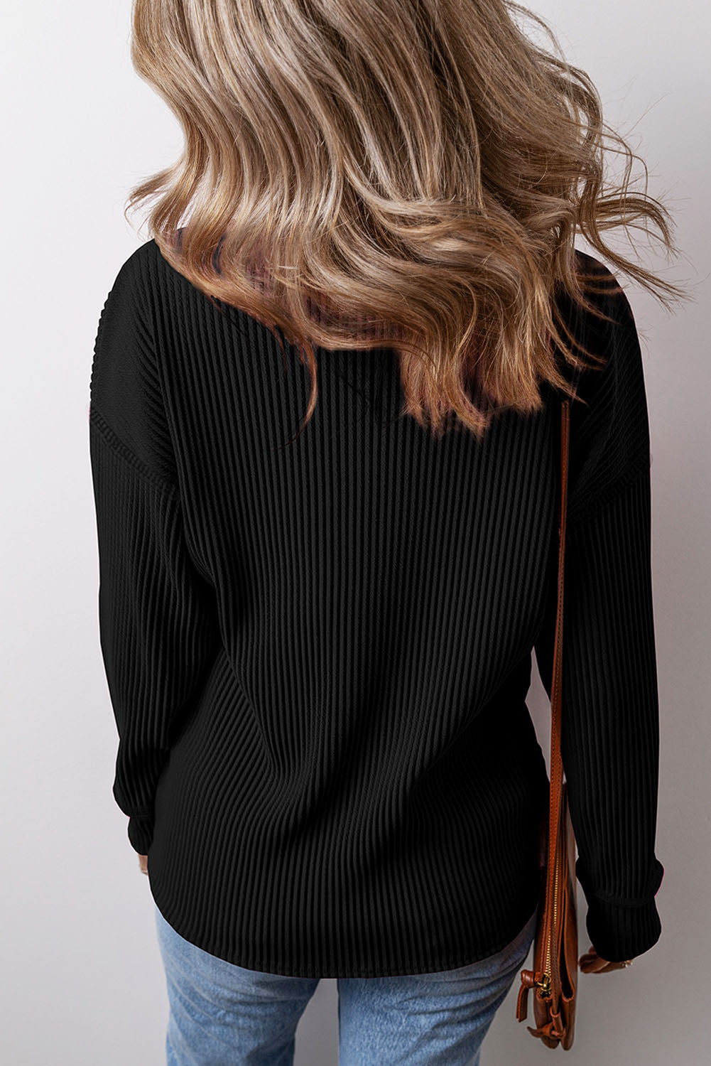 Black Solid Color Corded Drop Shoulder Long Sleeve Top