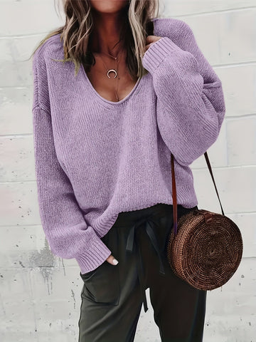 Solid Color V Neck Sweater, Casual Long Sleeve Sweater