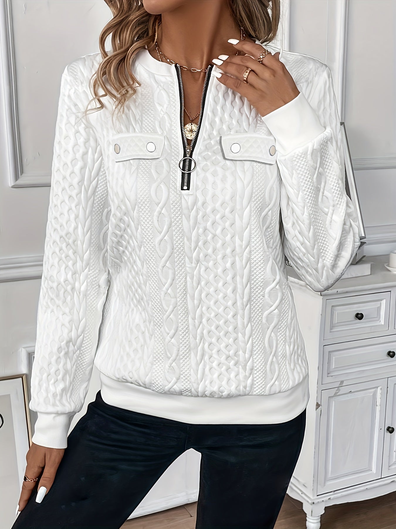 Elegant Crew Neck Zipper Sweatshirt, Solid Color Long Sleeve Top