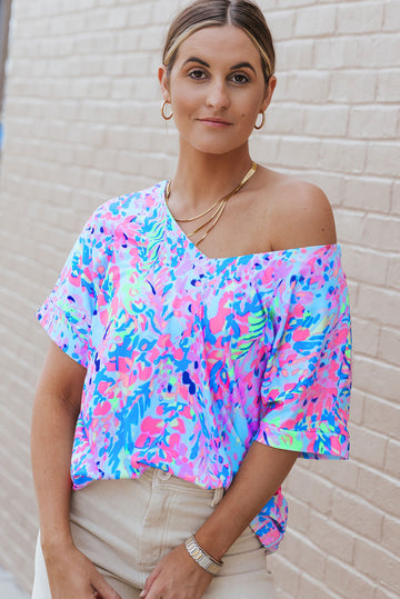 Sky Blue Loose Painted Floral Tee