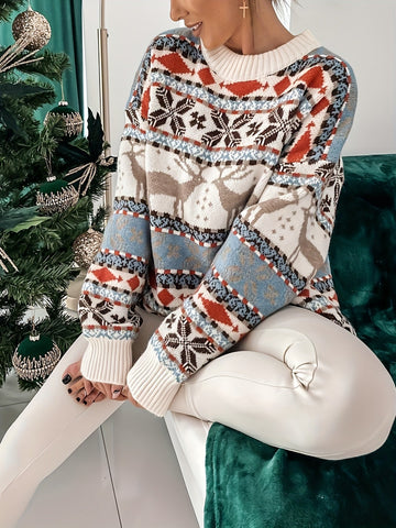 Cozy Christmas Deer Pattern Knitted Sweater, Casual Crew Neck Long Sleeve Pullover Sweater