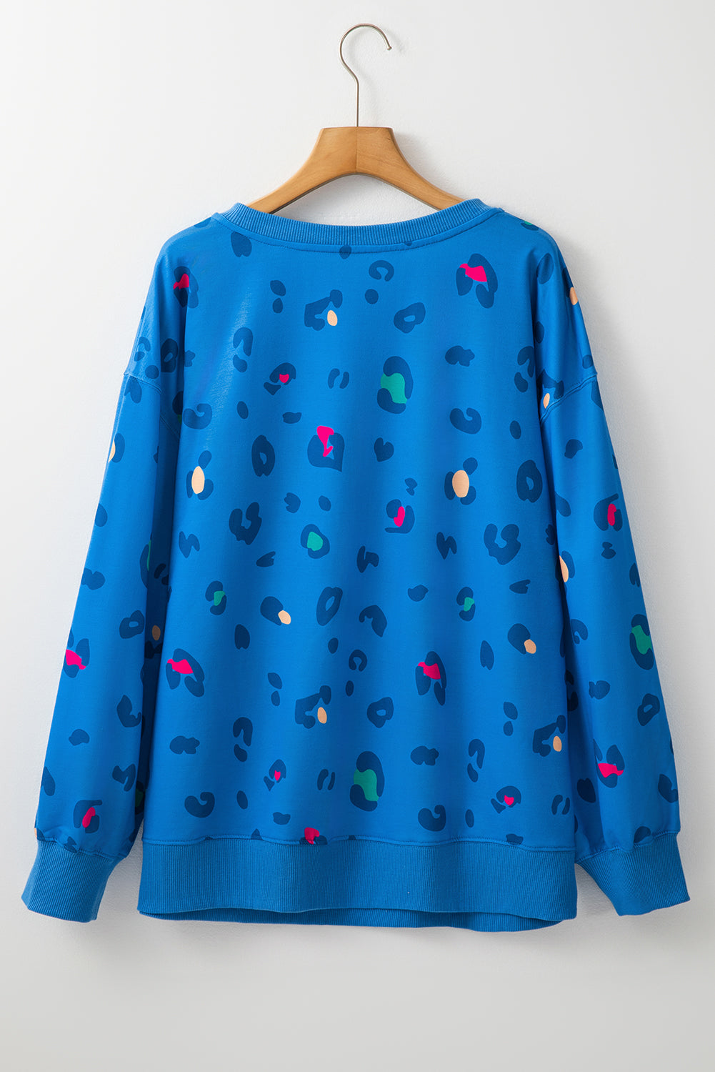 Sky Blue Leopard Ribbed Edge Drop Shoulder Pullover Sweatshirt