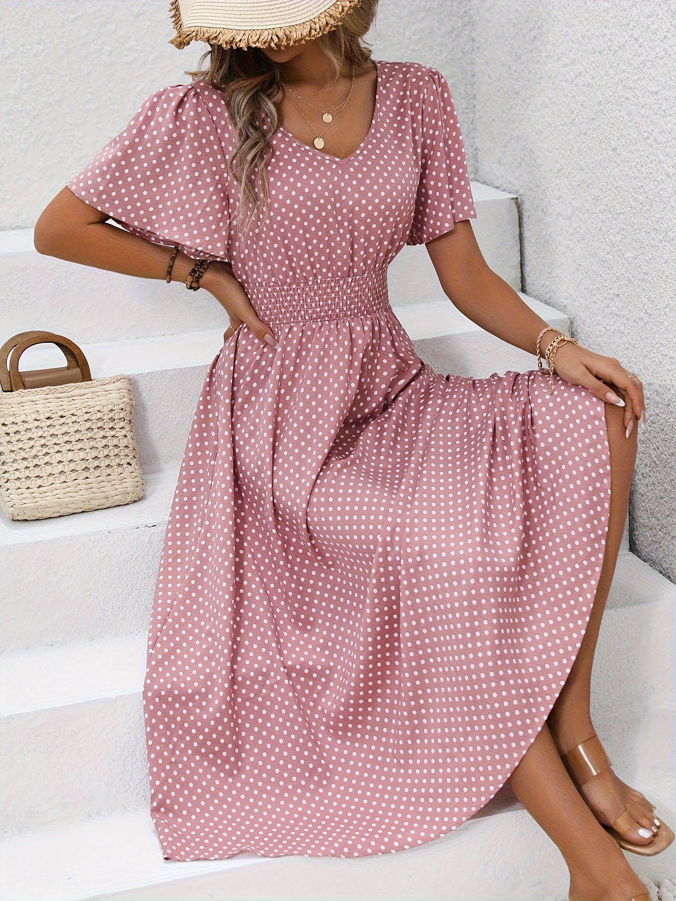 Allover Print Shirred Waist Dress, Casual Short Sleeve Dress