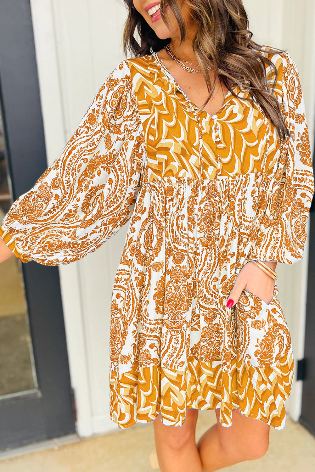 Orange Bohemian Print Puff Sleeve Tied V Neck Flared Mini Dress