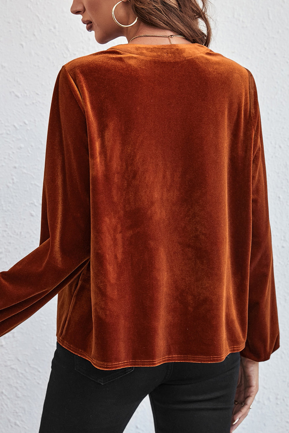 Gold Flame Lantern Sleeve Beaded Split V Neck Velvet Top