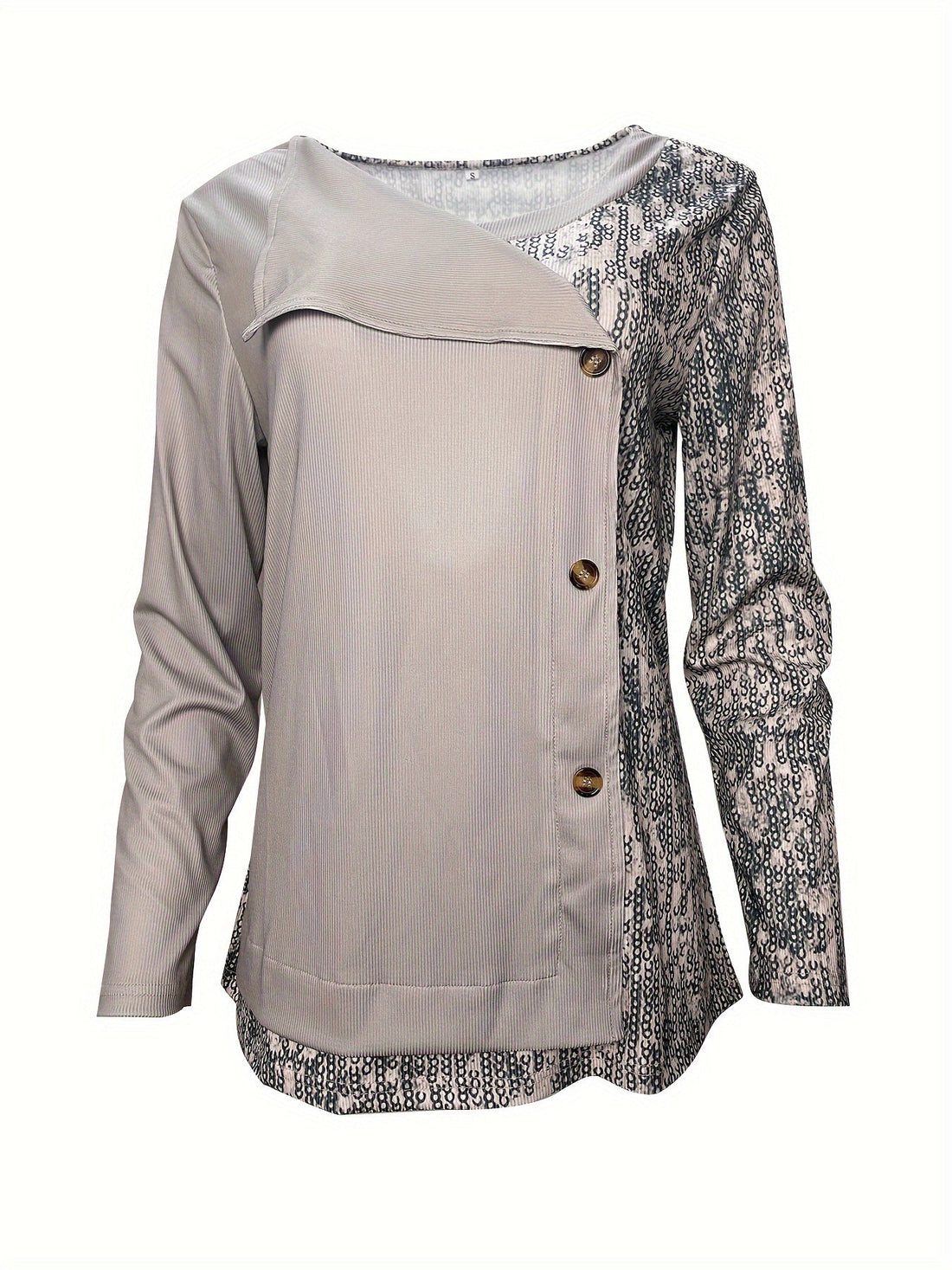 Sequined Button Decor V-neck Splicing T-Shirt, Casual Long Sleeve T-Shirt