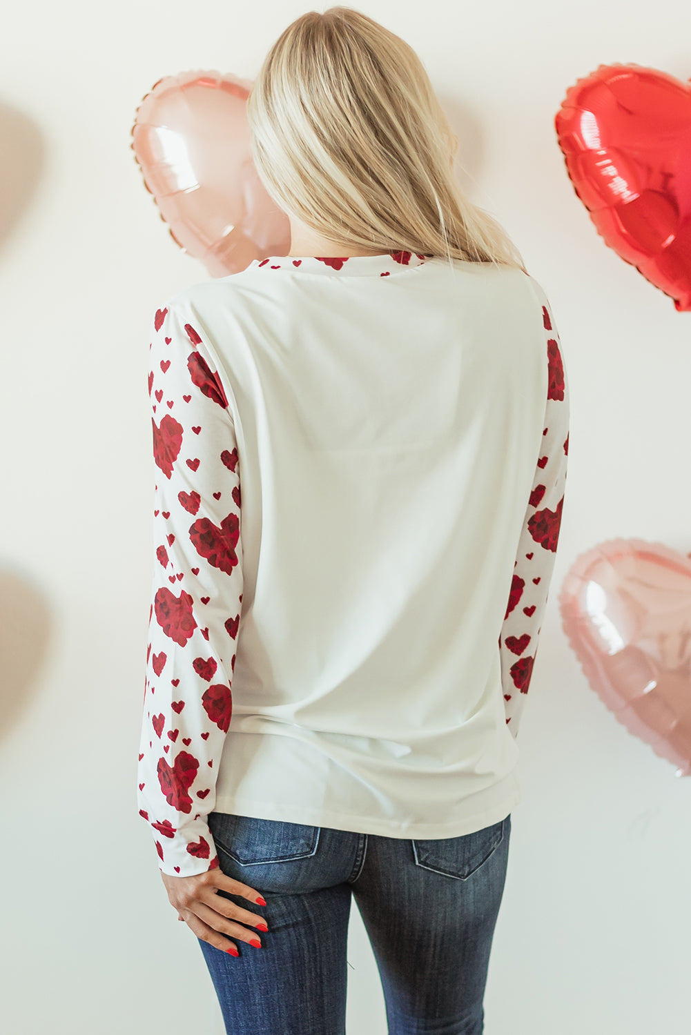 White Heart Shape Print Round Neck Long Sleeve T Shirt