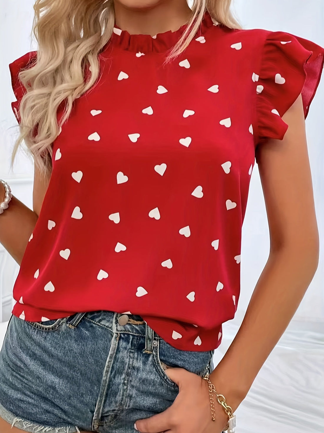 Heart Print Ruffle Trim Blouse, Casual Pleated Crew Neck Blouse