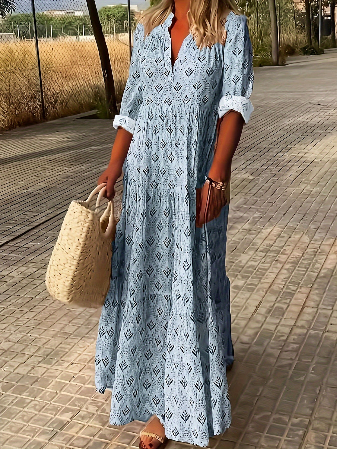 Women's Casual Floral Print Long Sleeve Smock Dress - 100% Polyester Polo Collar Asymmetrical Long Maxi Dress