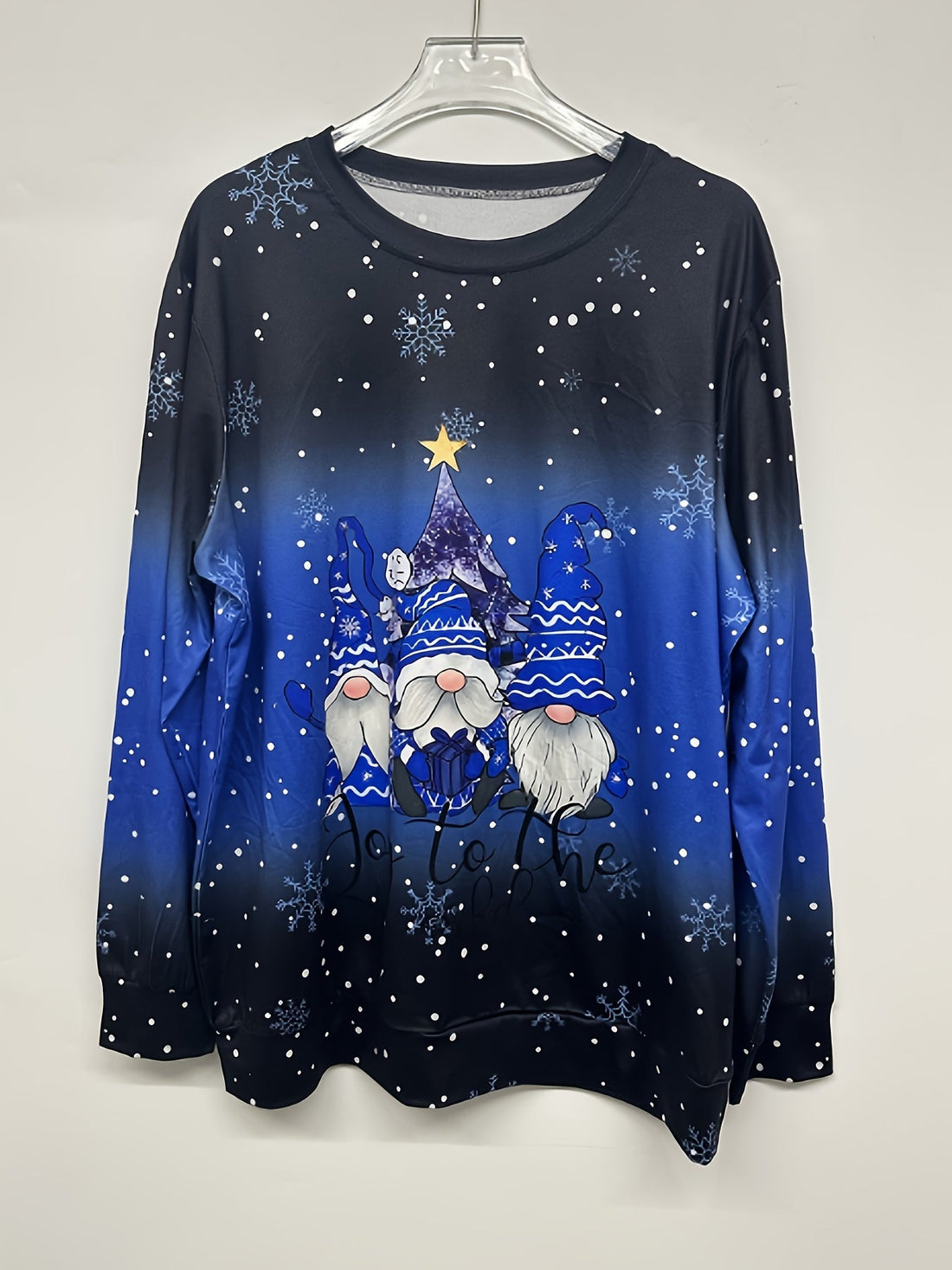 Christmas Top, Women's Christmas Dwarf & Slogan Print Ombre Long Sleeve Round Neck Slight Stretch Top