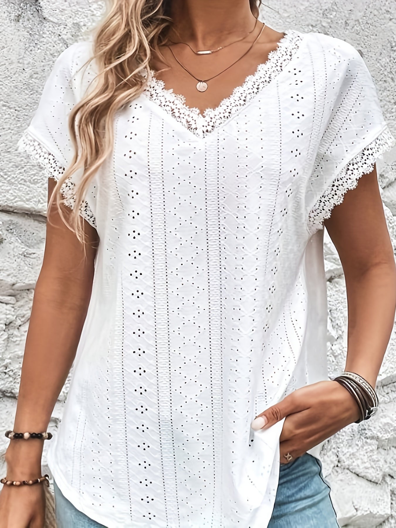 Elegant T-shirt, Women's Eyelet Embroidery Contrast Lace Trim V Neck Short Sleeve Slight Stretch T-shirt