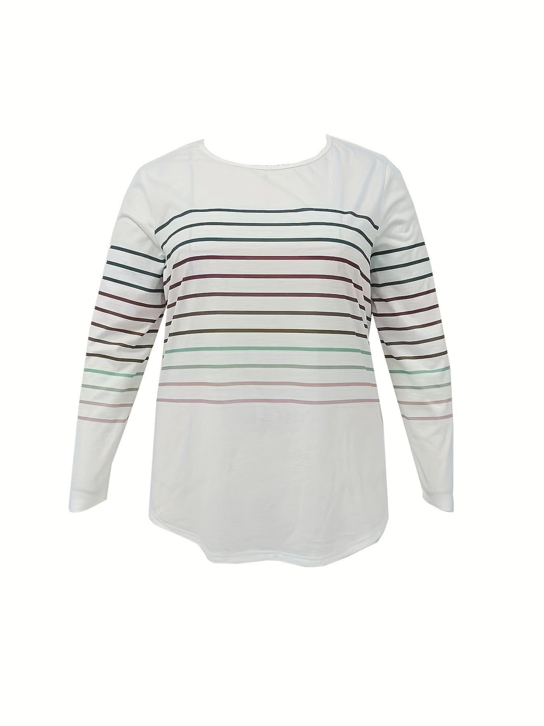 Women's Stripe Print Long Sleeve Round Neck Slight Stretch T-shirt