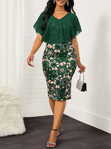 Floral Pattern Contrast Mesh Bodycon Dress, Elegant Cape Sleeve Dress