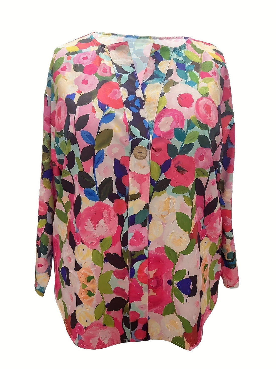 Floral Print Blouse for Women - Notched Collar, Slight Stretch, Vacation Style, All Season Wear with Decorative Fake Buttons - Woven Lightweight Top