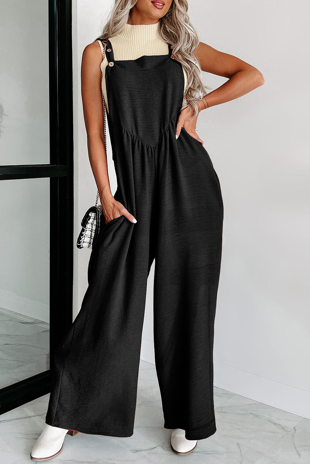 Black Textured Buttoned Straps Ruched Wide Leg Jumpsuit