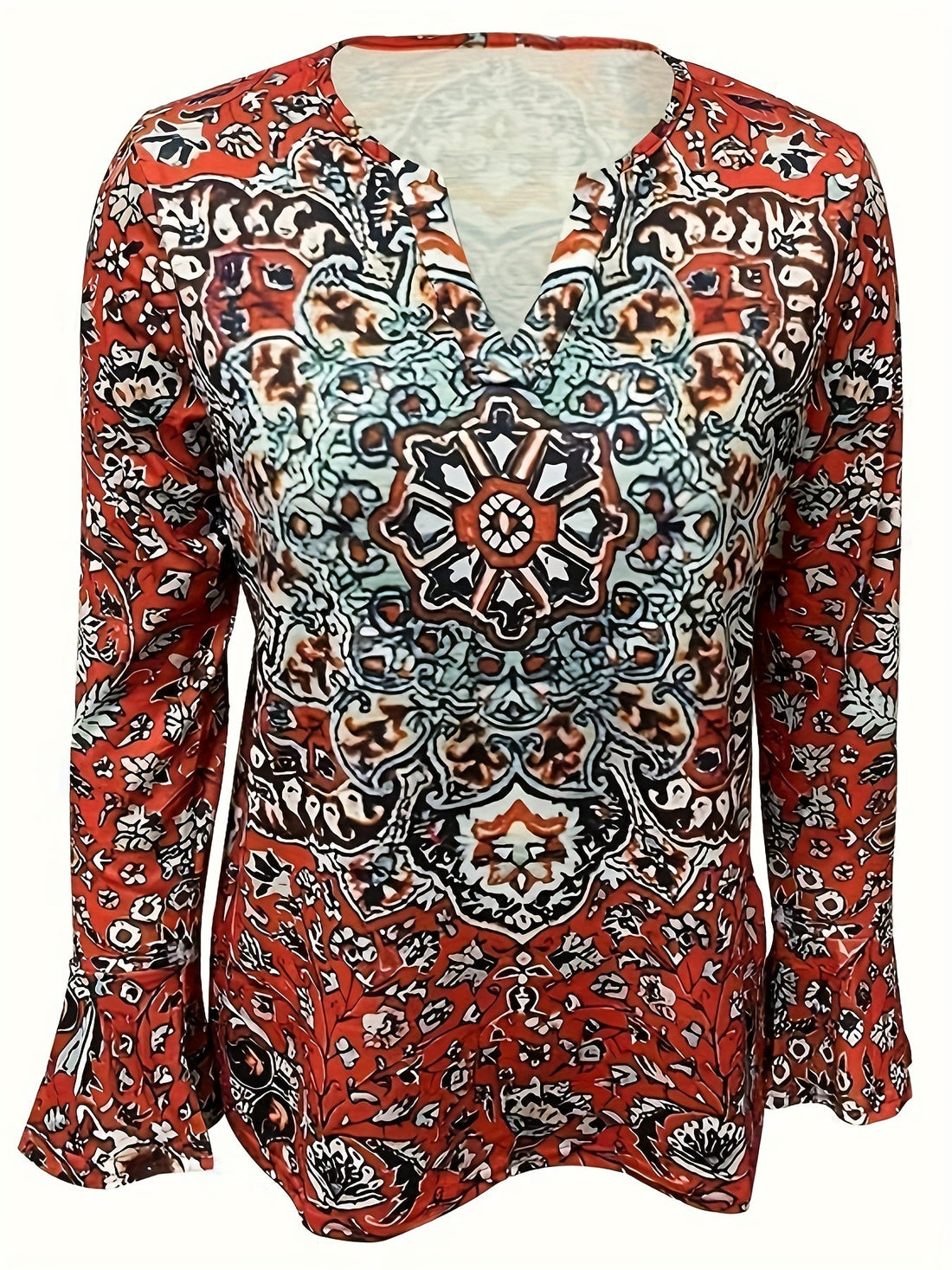 Ethnic Floral Print T-shirt, Vintage Notched Neck Long Sleeve T-shirt