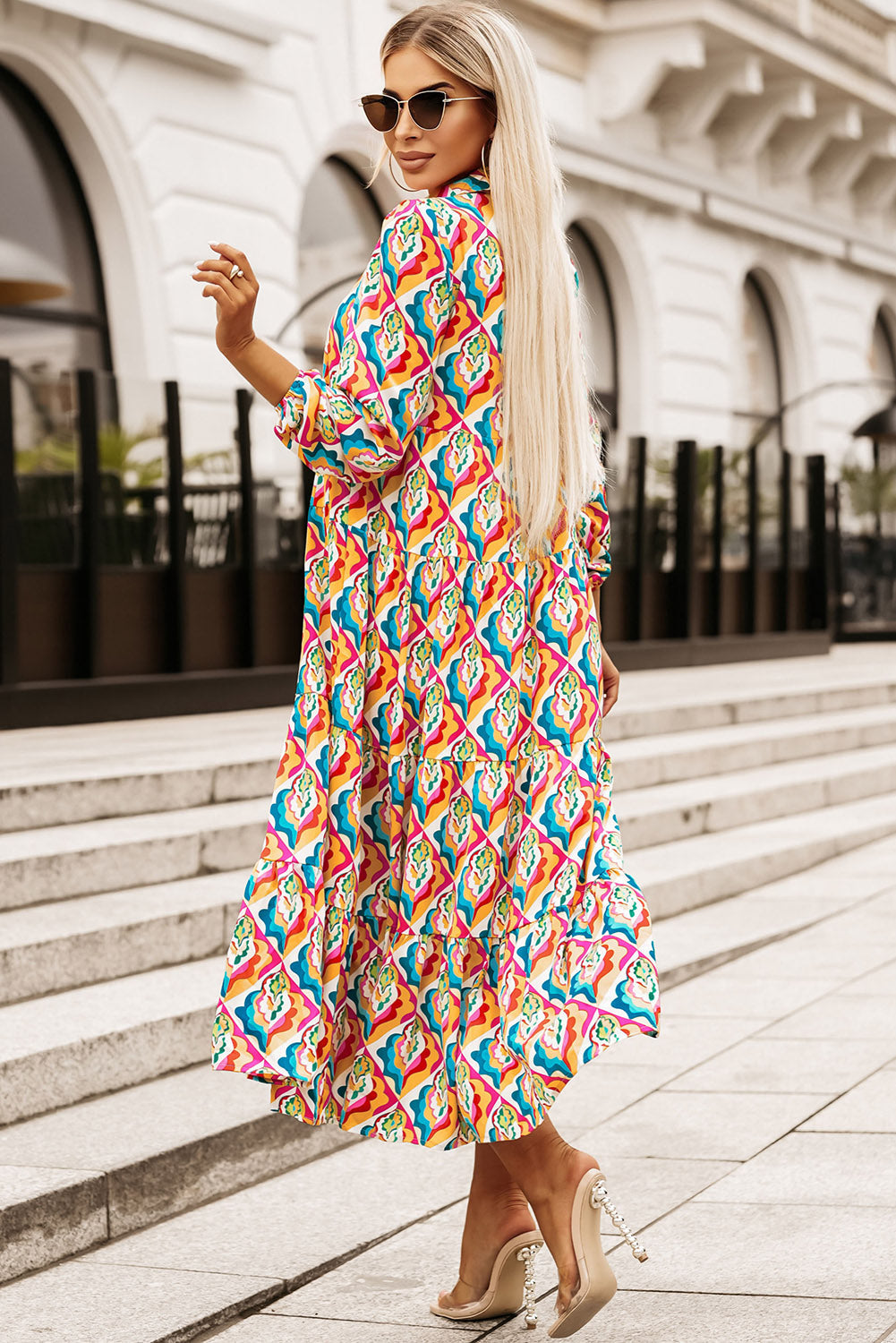 Multicolor Abstract Geometric Print Long Sleeve High Waist Dress