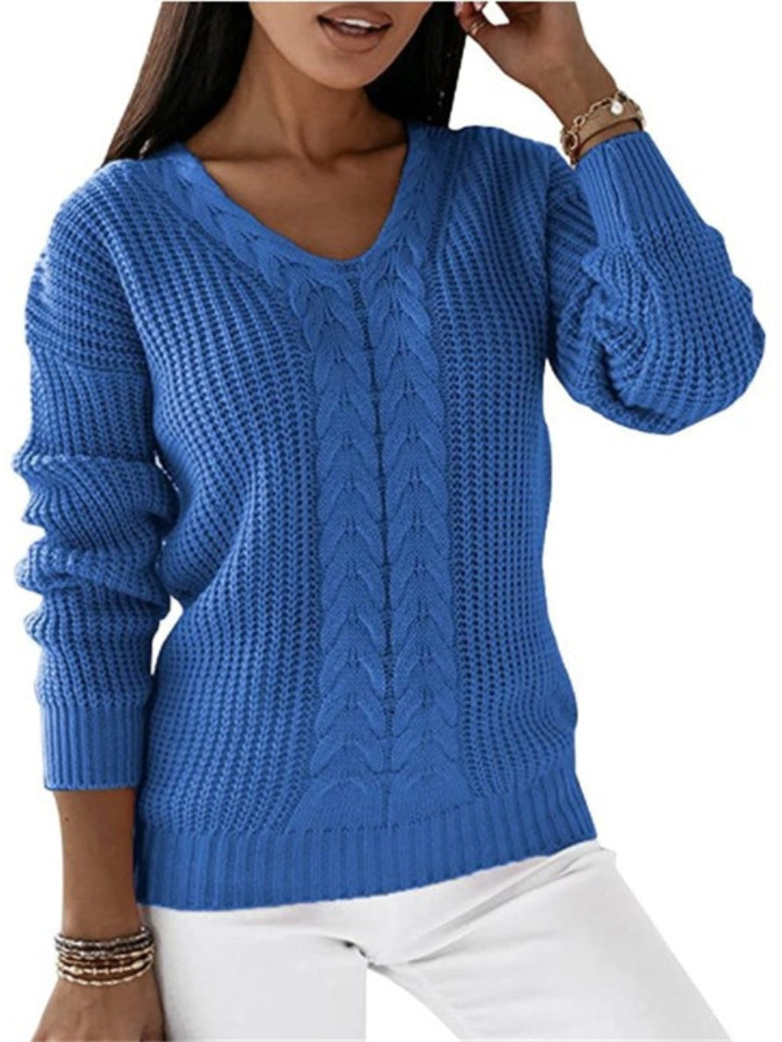 Cable Knit V Neck Sweater, Casual Long Sleeve Sweater