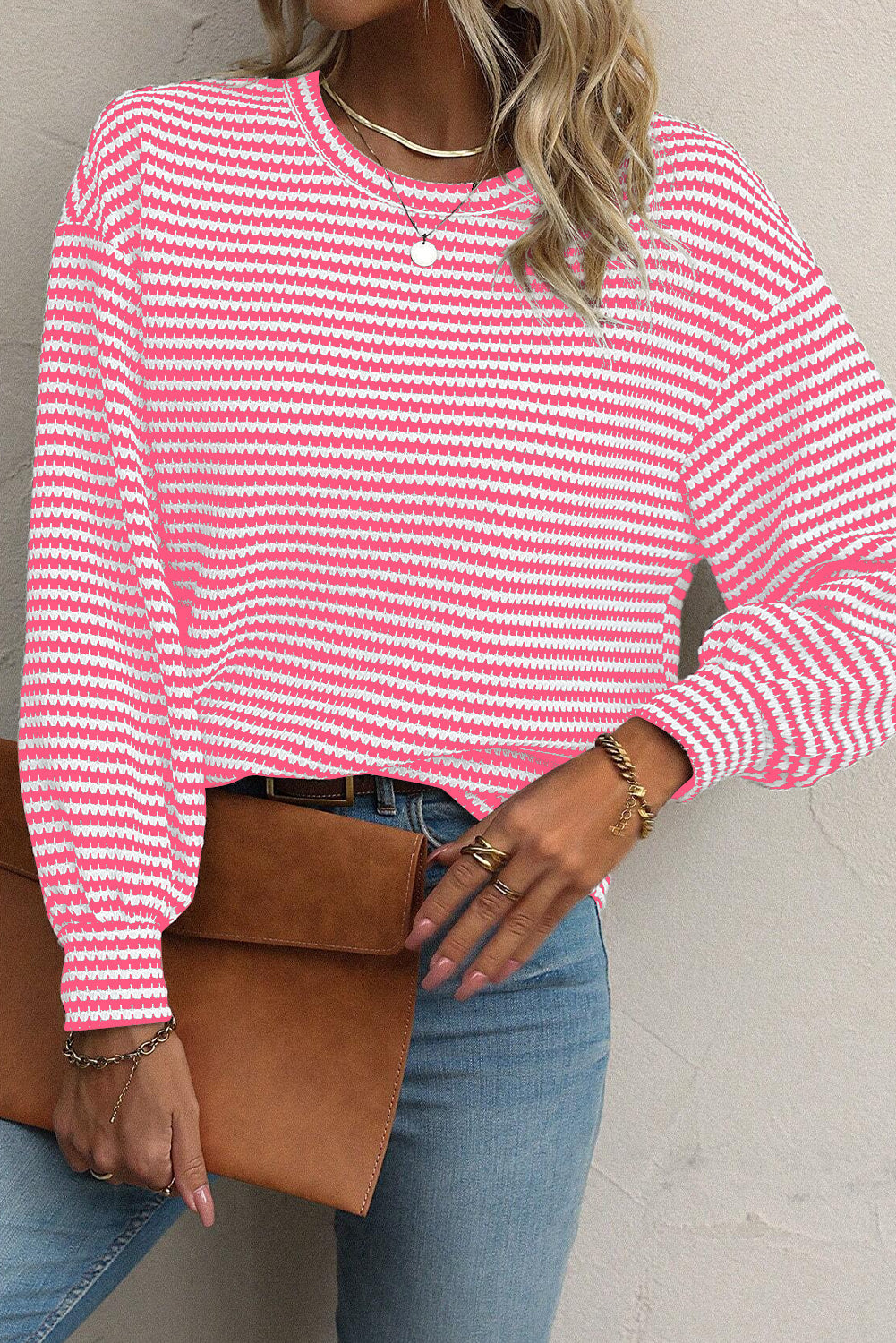 Rose Stripe Round Neck Drop Shoulder Long Sleeve Top