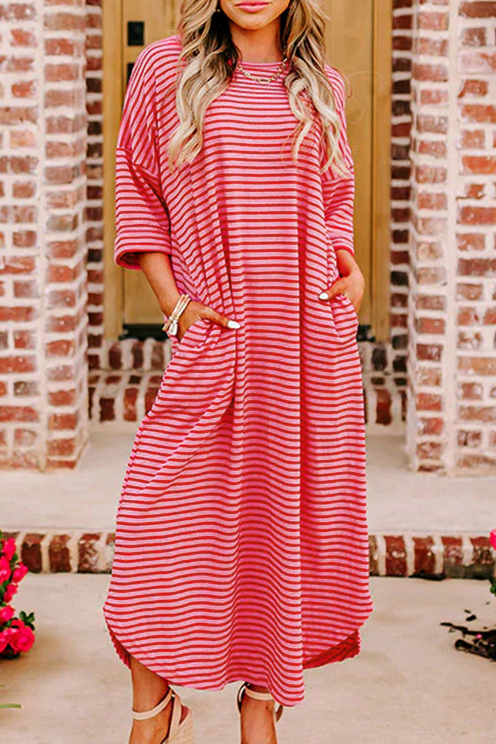 Strawberry Pink Striped 3/4 Sleeve Round Hem Shift T Shirt Dress