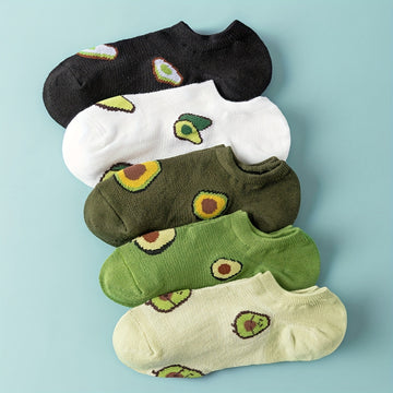 5 Pairs Avocado Print Crew Socks, Comfy & Cute Low Cut Ankle Socks