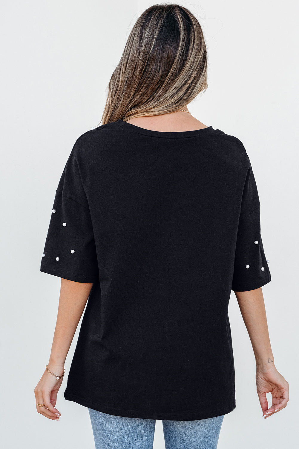 Black Pearl Beaded Drop Shoulder Crewneck T Shirt