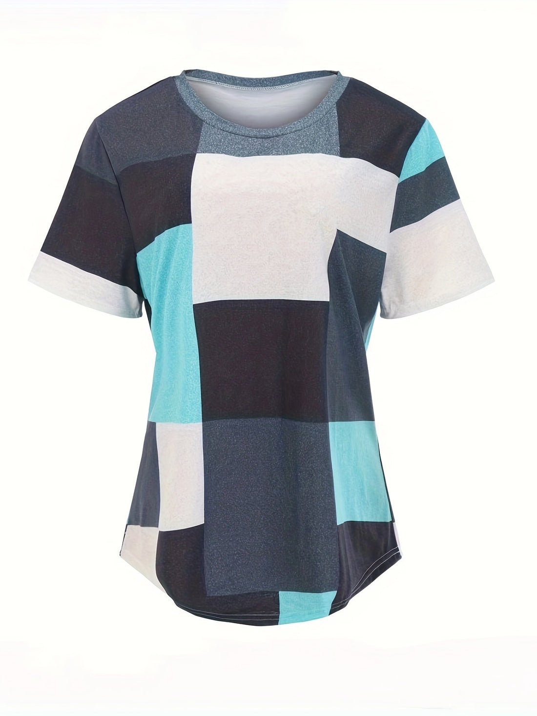 Color Block Print T-shirt, Casual Crew Neck Short Sleeve Top