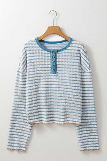 Sky Blue Stripe Textured Frilly Trim Buttons Henley Long Sleeve Top