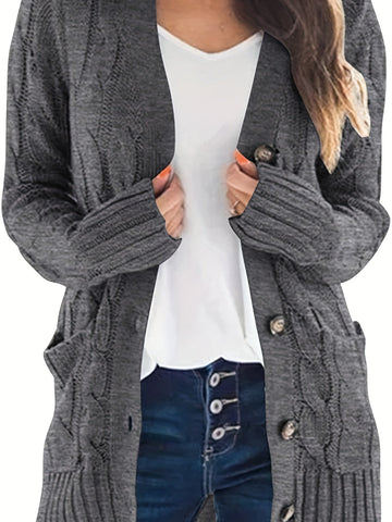 Cable Knit Button Front Cardigan, Casual Solid Long Sleeve Cardigan