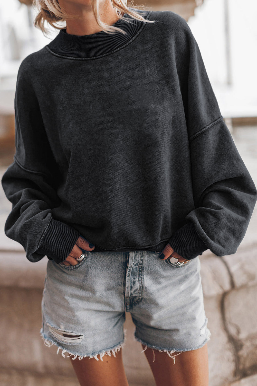 Black Drop Shoulder Crew Neck Pullover Sweatshirt