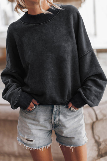 Black Drop Shoulder Crew Neck Pullover Sweatshirt