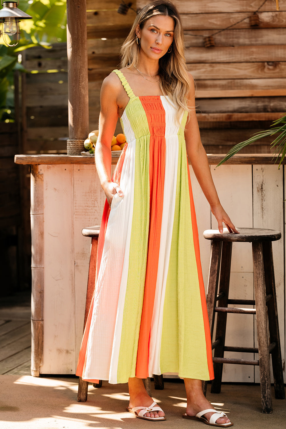 Green Color Block Shirred High Waist Fit and Flare Maxi Dress