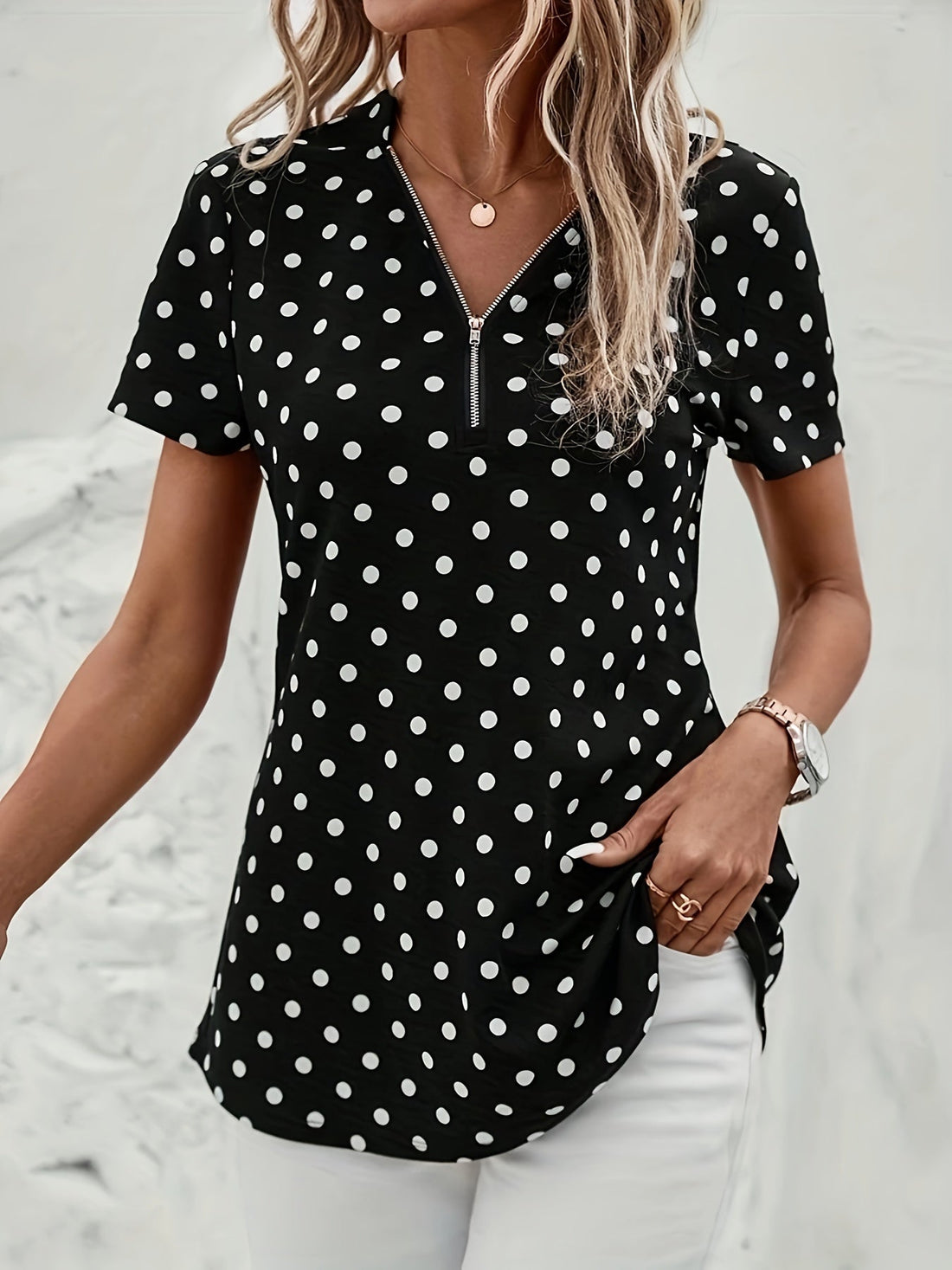 Polka Dots Print V Neck Blouse, Elegant Zipper Front Short Sleeve Blouse