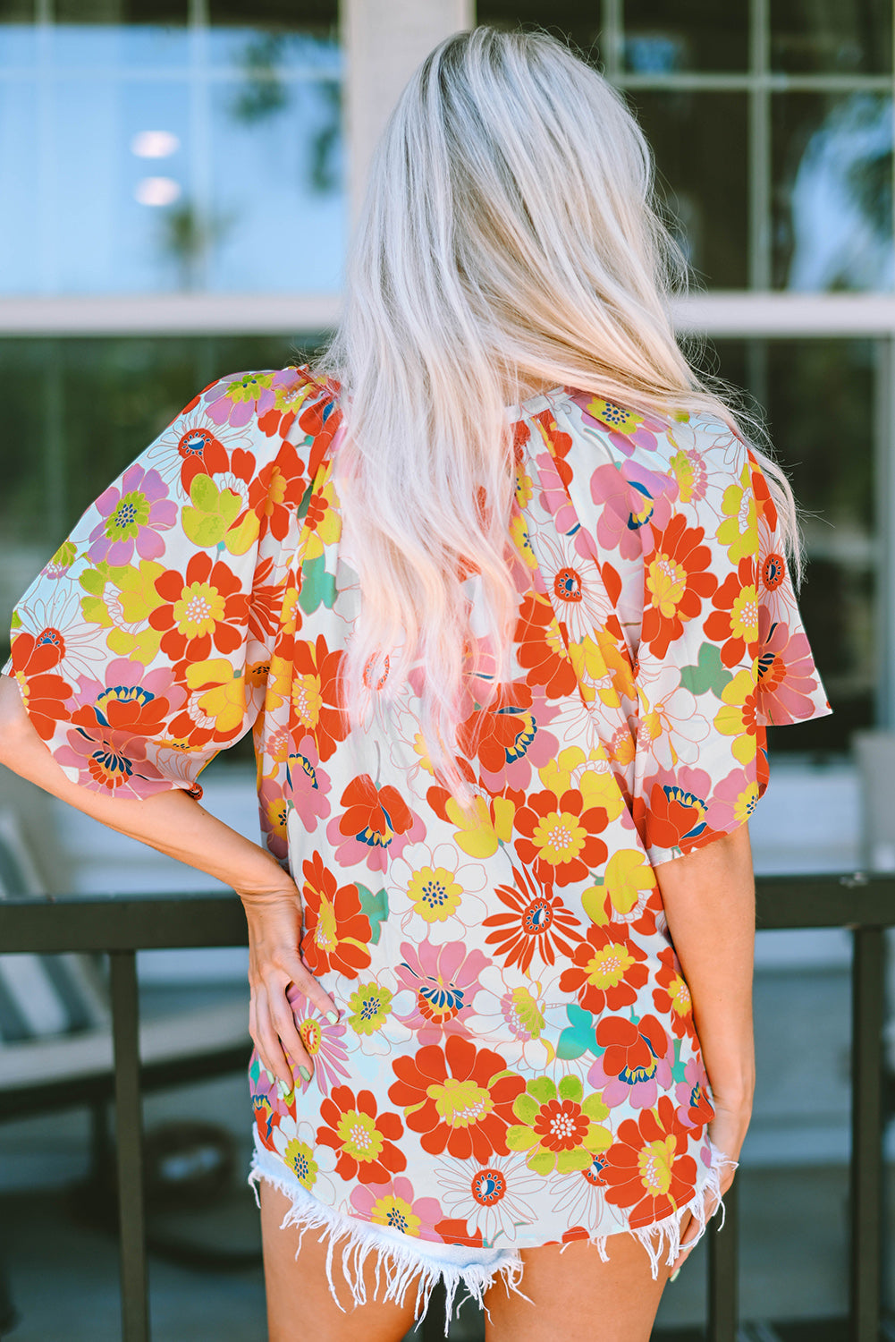 Orange Abstract Print V Neck Half Sleeve Blouse