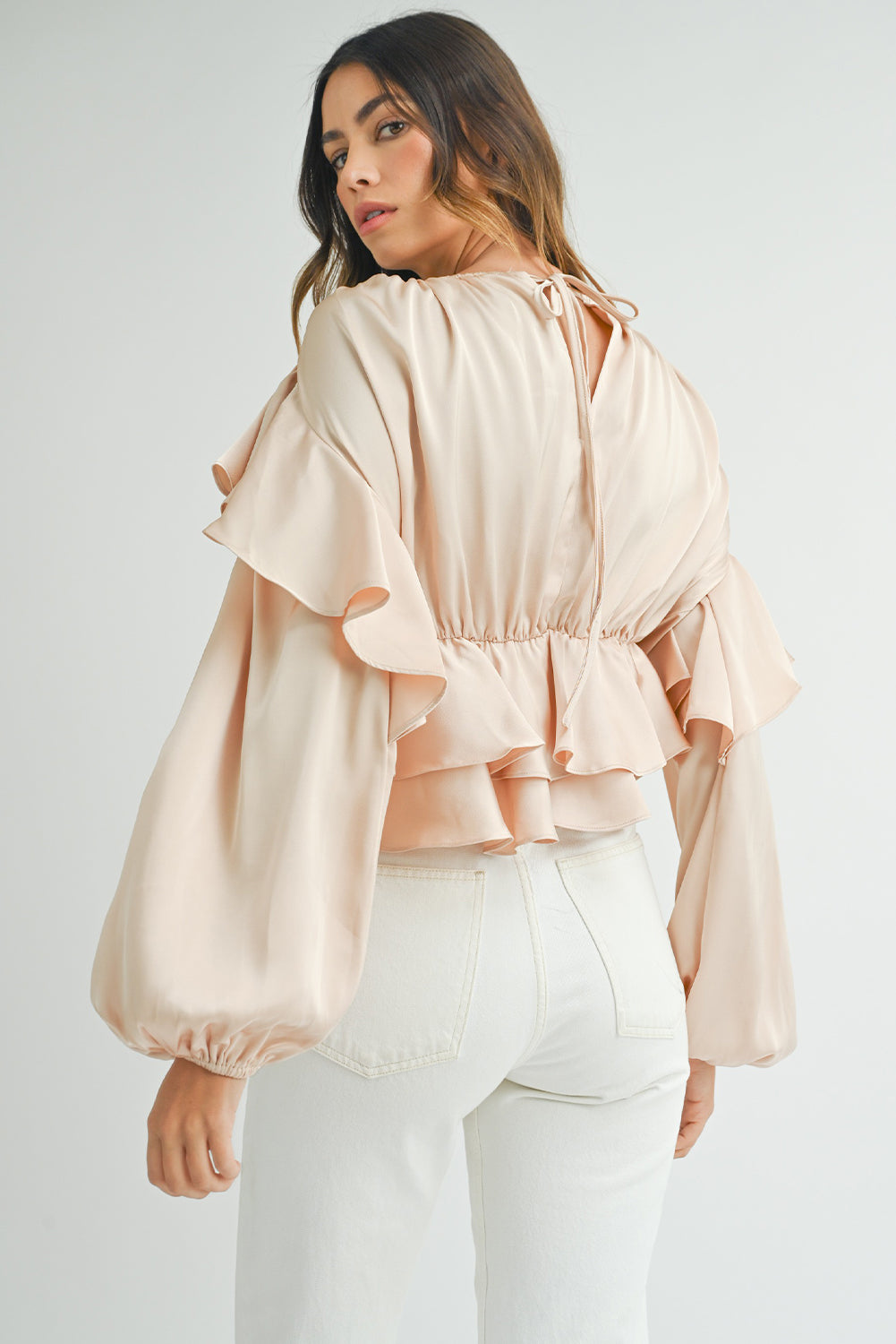 Oatmeal Lace-up Keyhole Back Ruffled Peplum Blouse