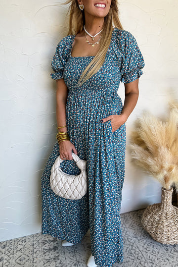 Blue Vintage Boho Floral Smocked Short Puff Sleeve Wide Leg Jumpsuit